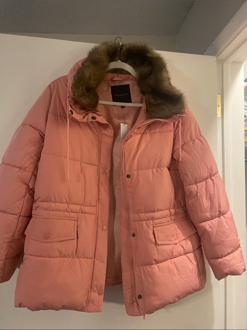 Talbots Coral Pink Quilted Puffer Jacket with Faux Fur Hood